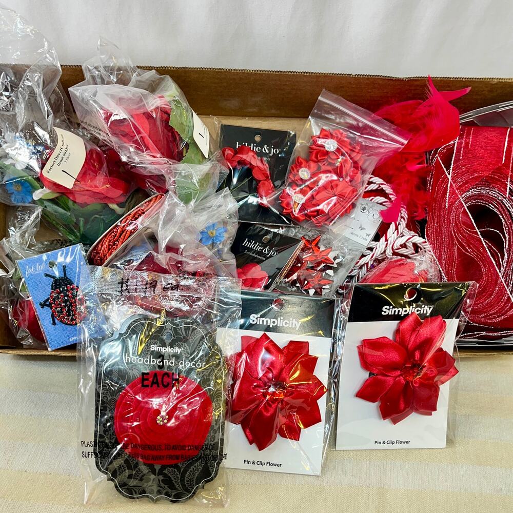 Red Craft Trim Destash Lot Artificial Floral Ribbons Beads Acrylic Embellishment